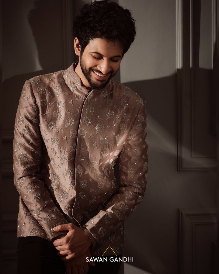 Rohit saraf in Taupe Rose cutdana bandgala