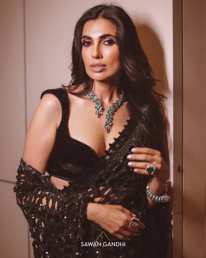 Prena Goel in Black ombre cutwork saree
