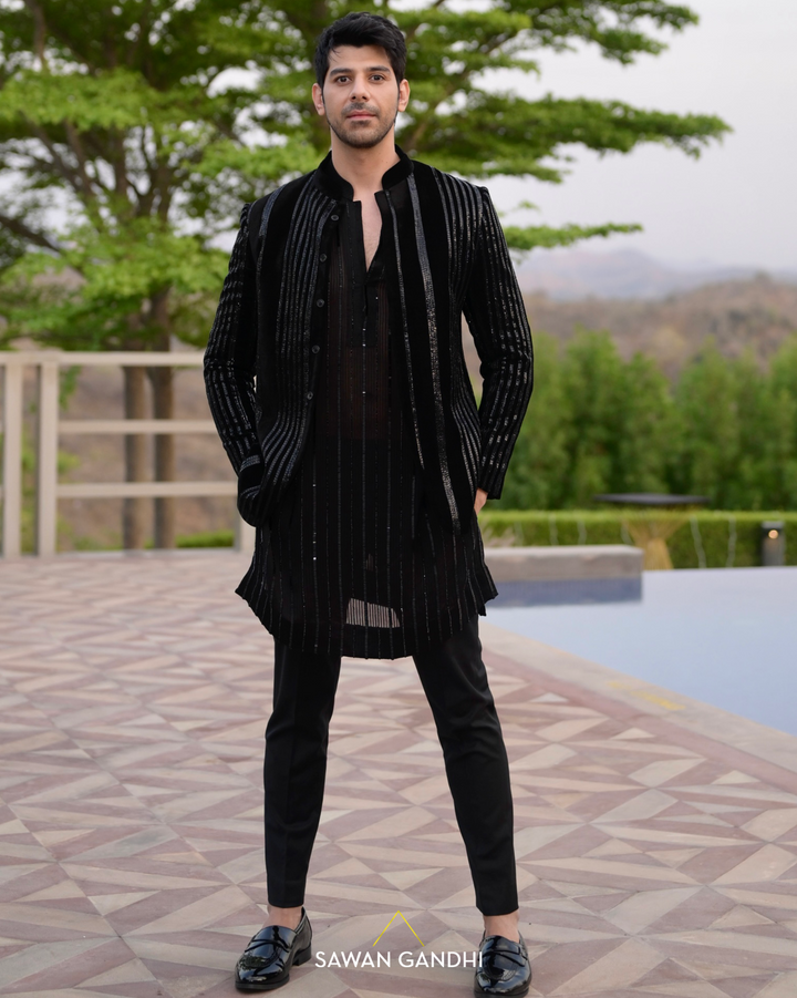 Pavail gulati in Black velvet sequin stripe bandgala