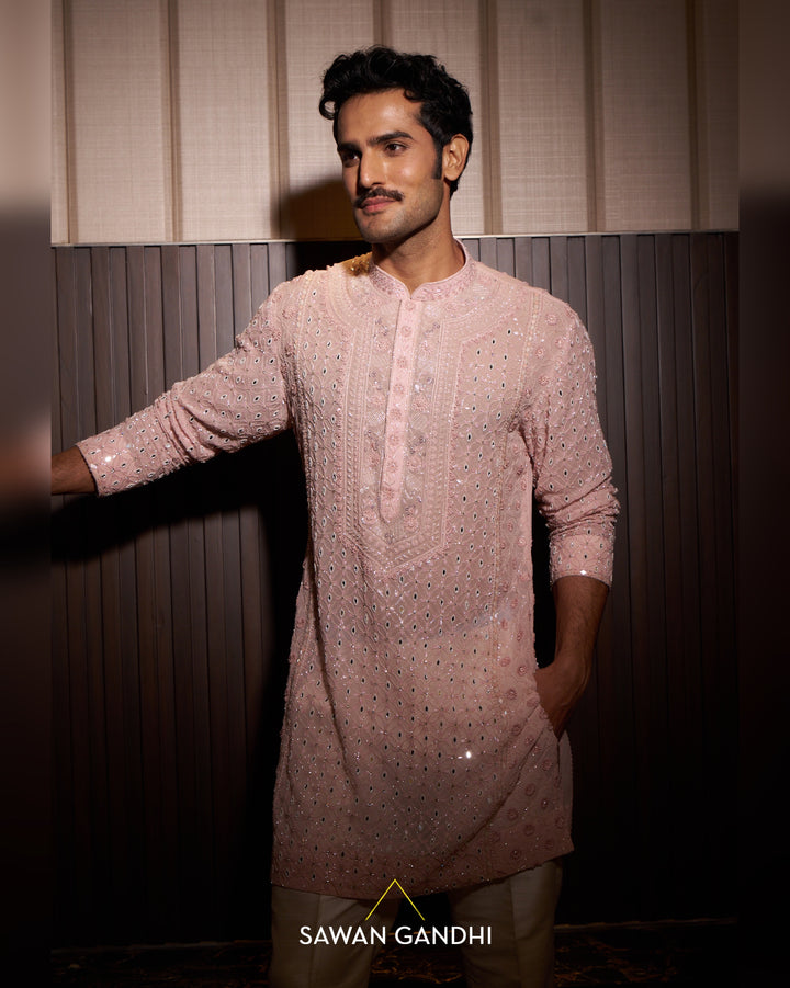Peach Chikankari pearl work kurta