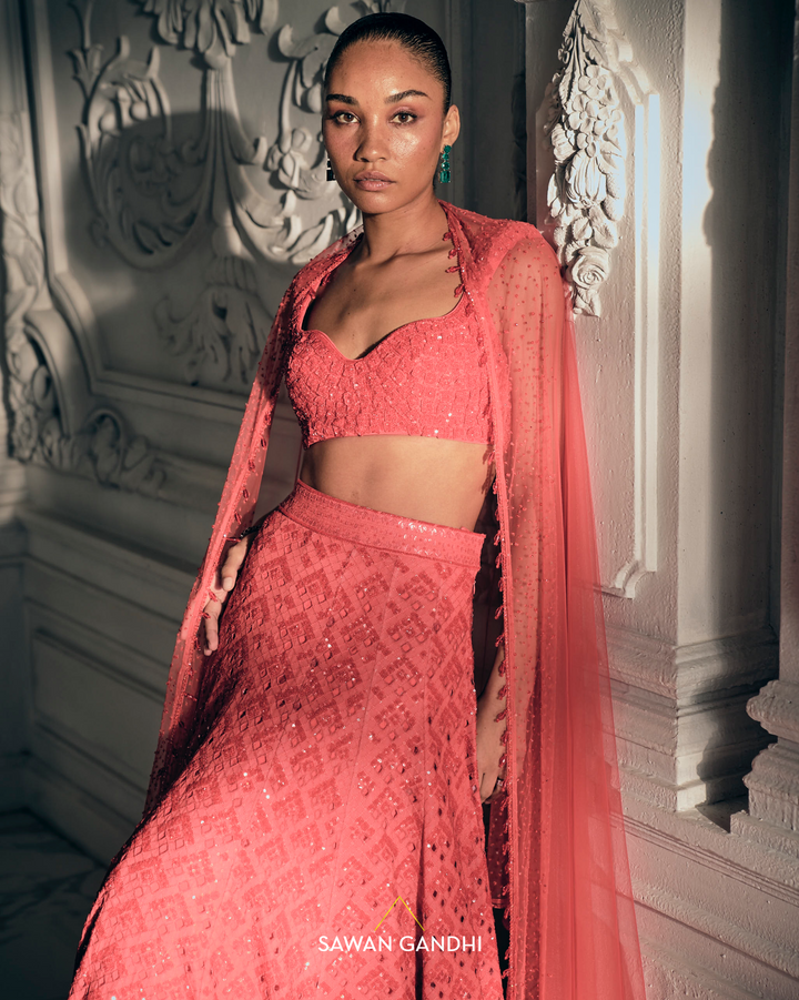Red orange cutdana lehenga
