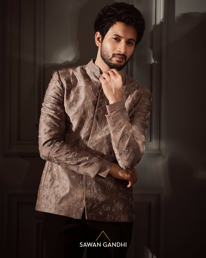 Rohit saraf in Taupe Rose cutdana bandgala
