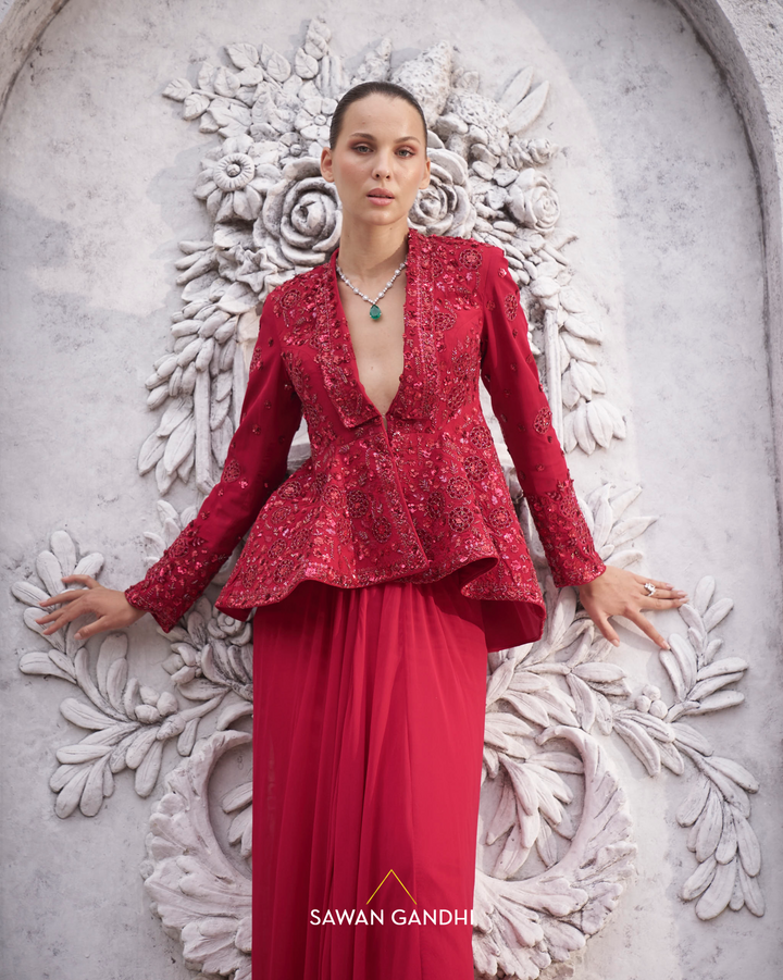 Red appliqué work peplum set