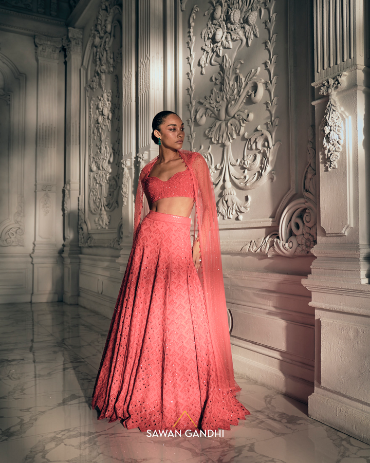 Red orange cutdana lehenga