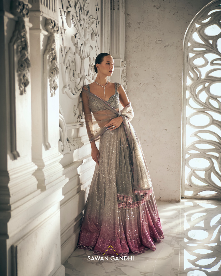 Grey to pink ombre sequins lehenga