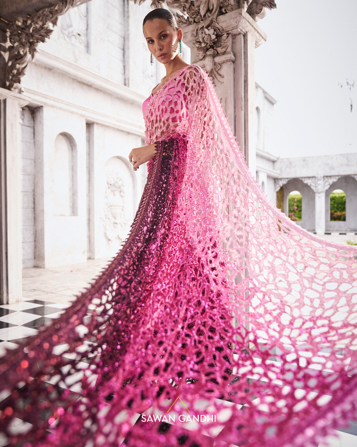 Pink to wine ombre saree