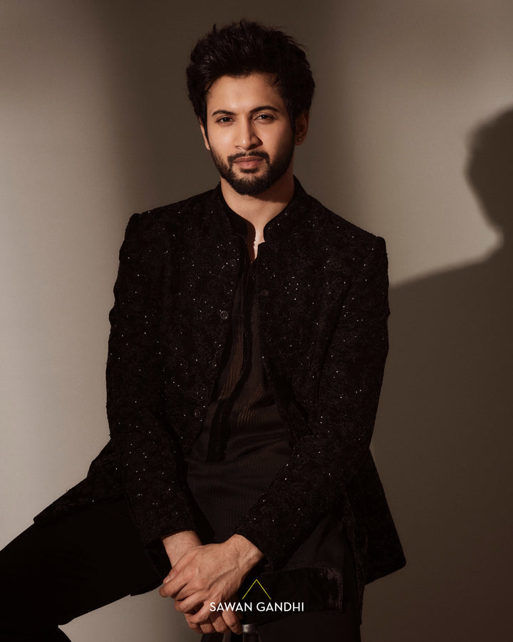 Rohit saraf in Black bandhgala with floral cutdana work