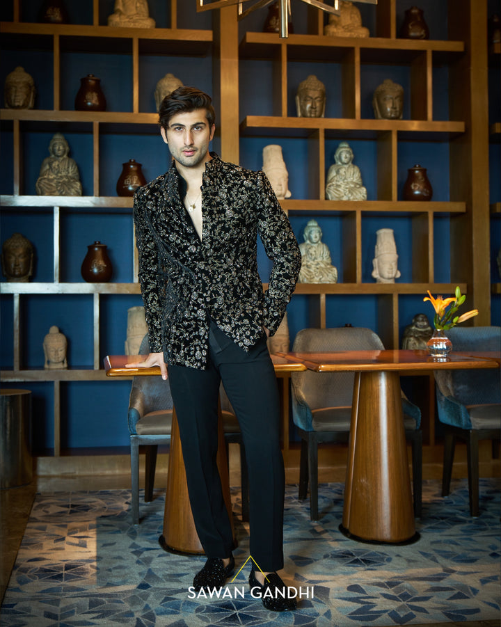 Black velvet gunmetal embroidered bandgala