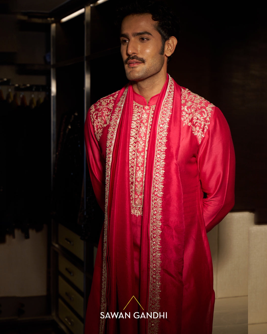 Hot pink thread embroidered kurta