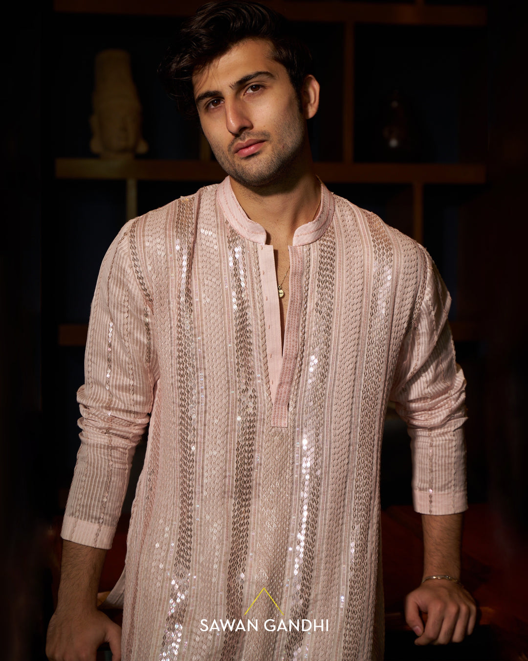 Peach shimmer stripe kurta
