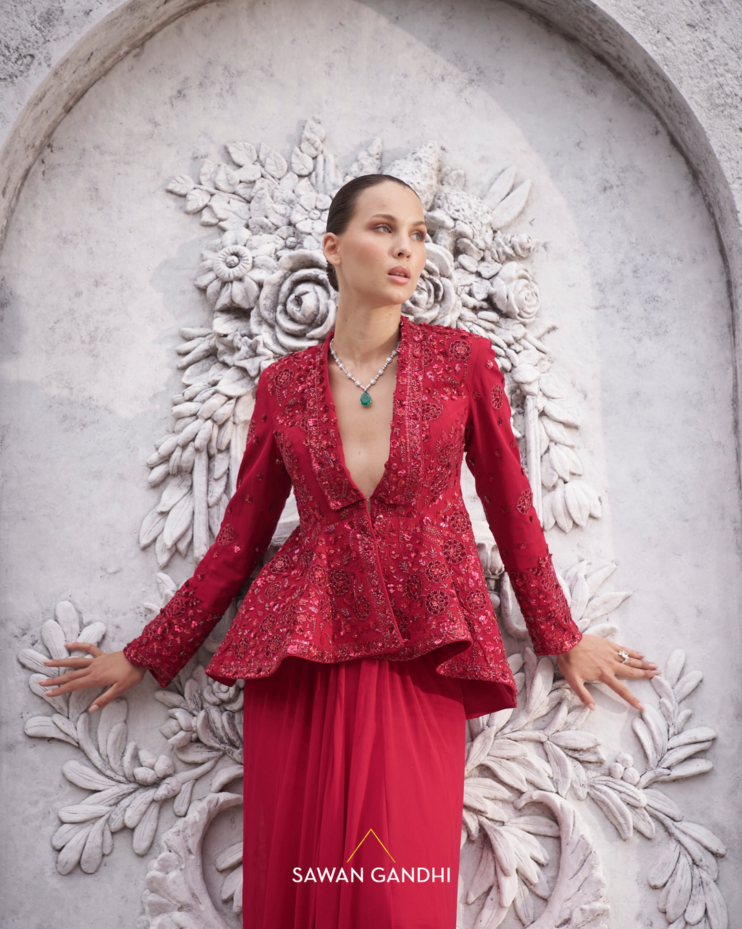 Red appliqué work peplum set