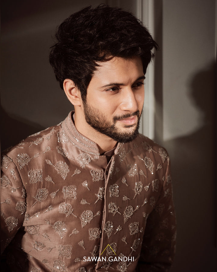 Rohit saraf in Taupe Rose cutdana bandgala