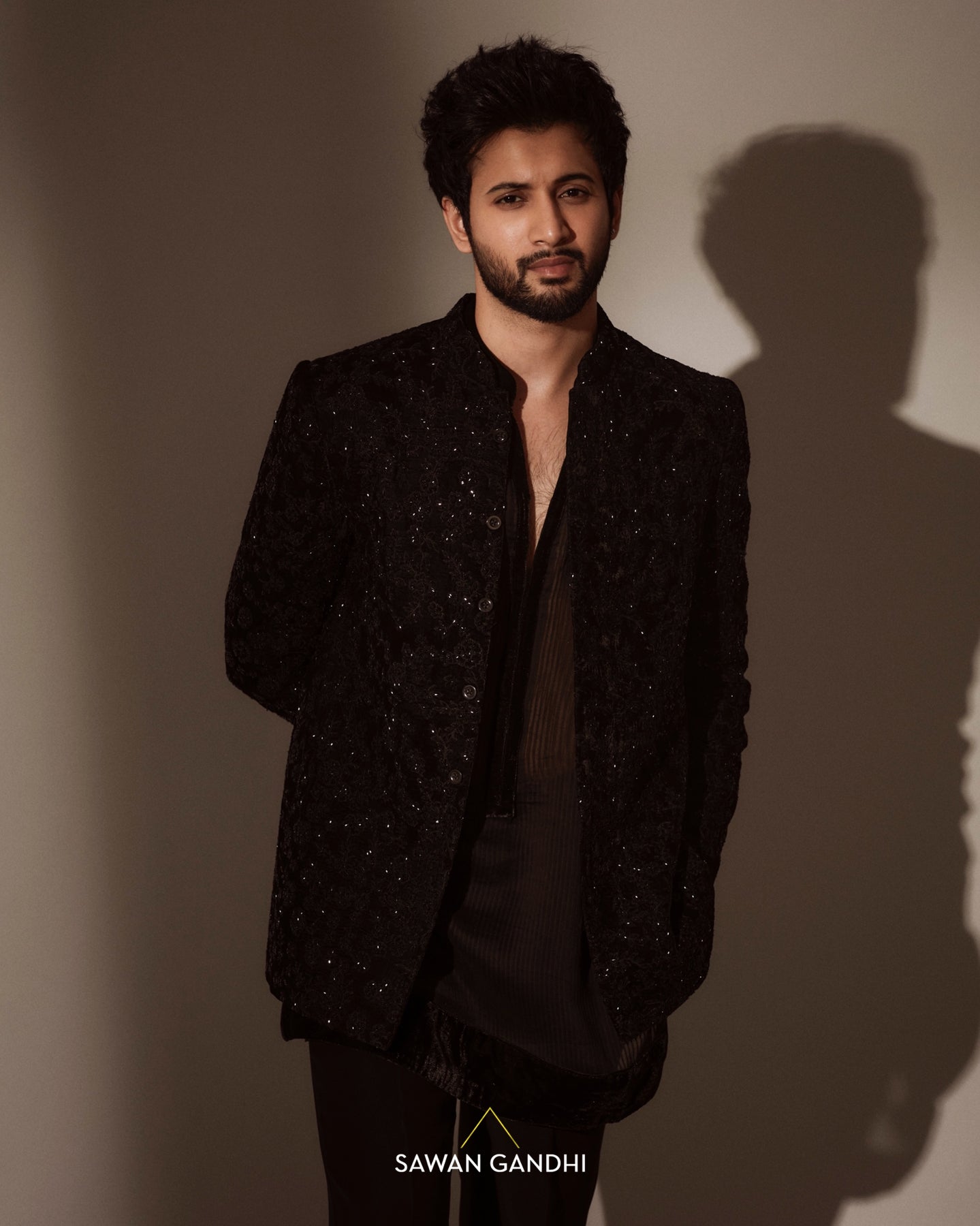 Rohit saraf in Black bandhgala with floral cutdana work L Rohit saraf in Black bandhgala with floral cutdana work L