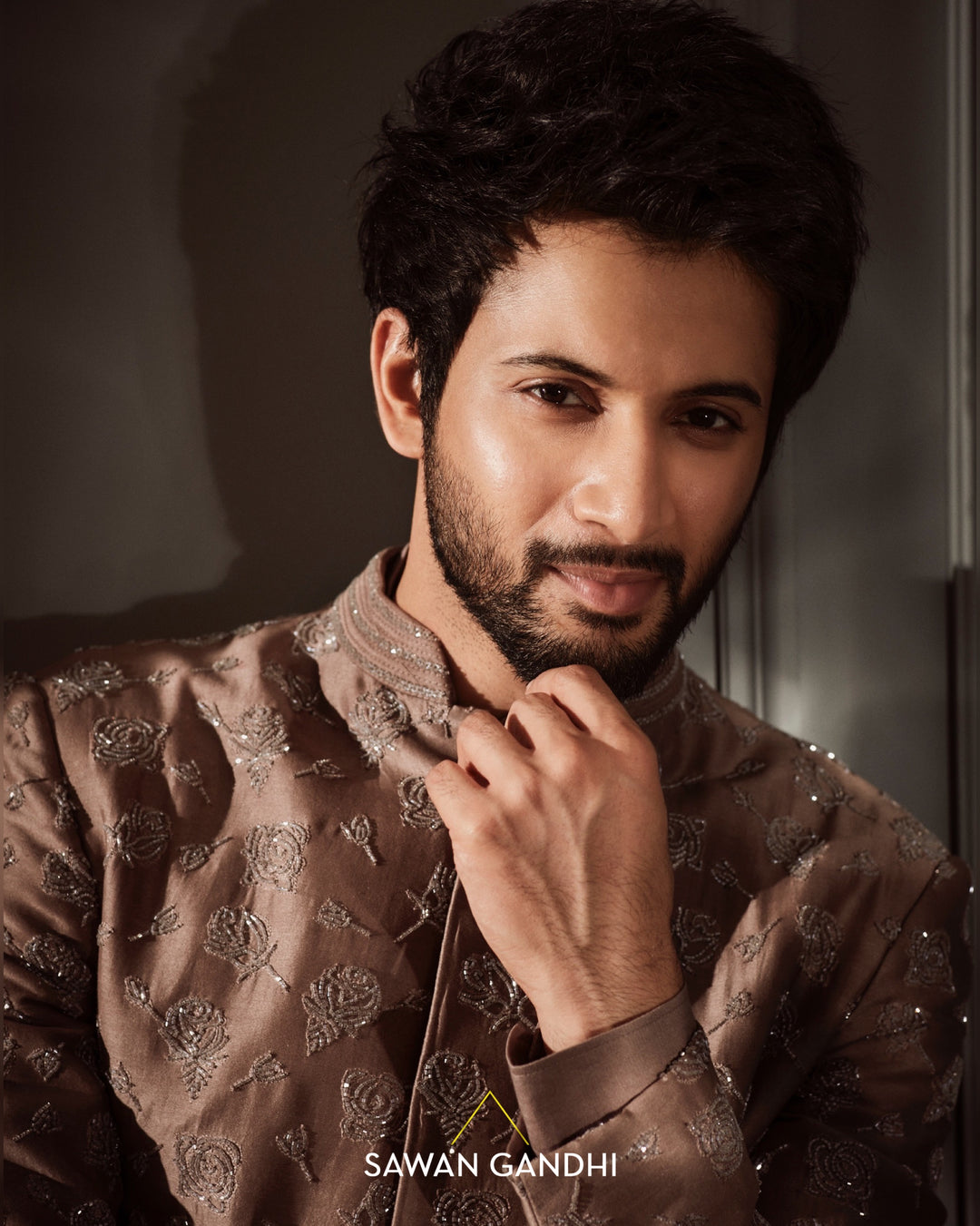 Rohit saraf in Taupe Rose cutdana bandgala