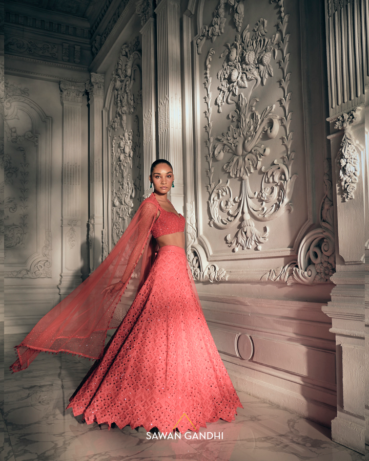 Red orange cutdana lehenga