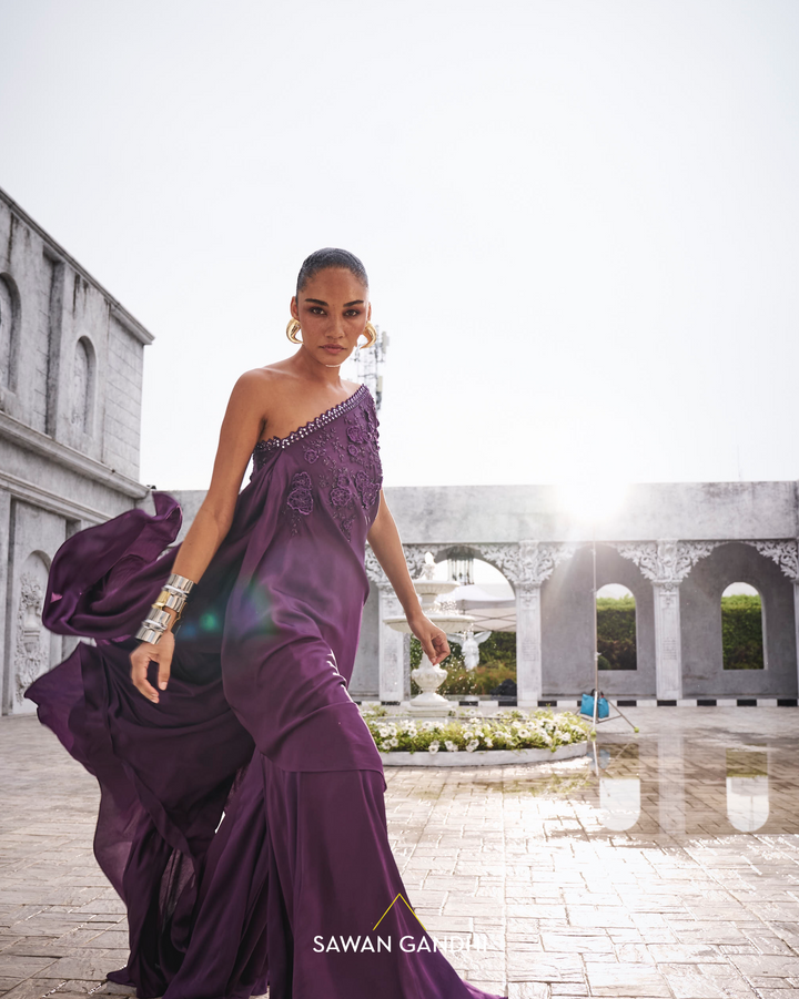 Wine one shoulder cape