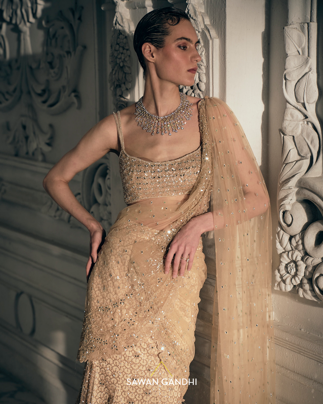 Beige Gold fishcut drape saree