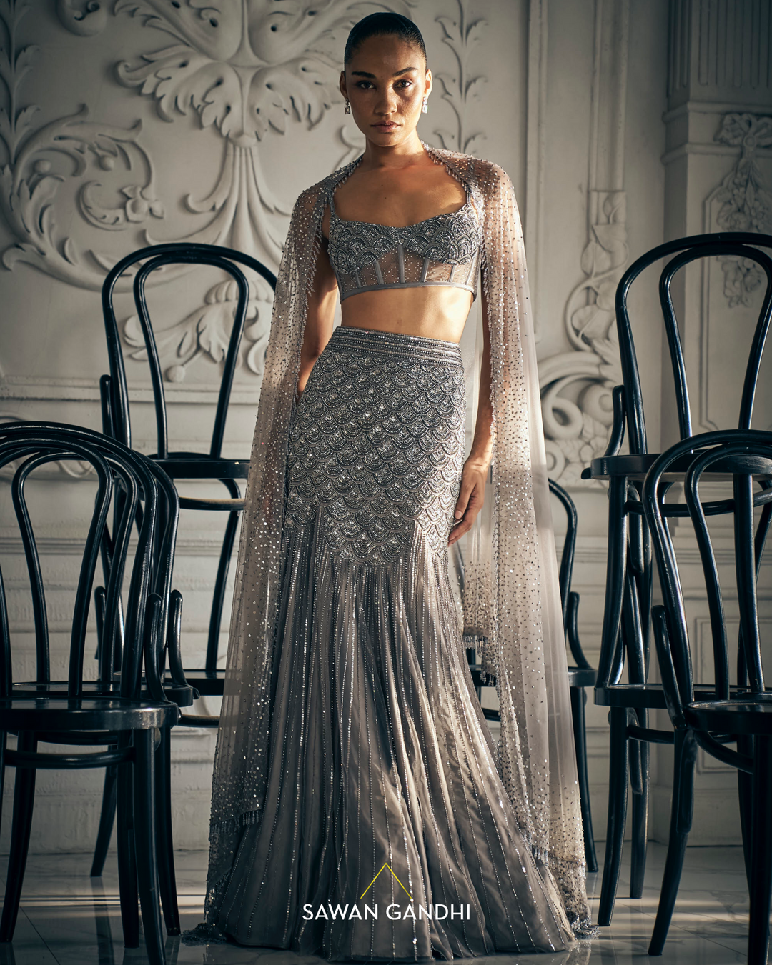 Grey fishcut lehenga