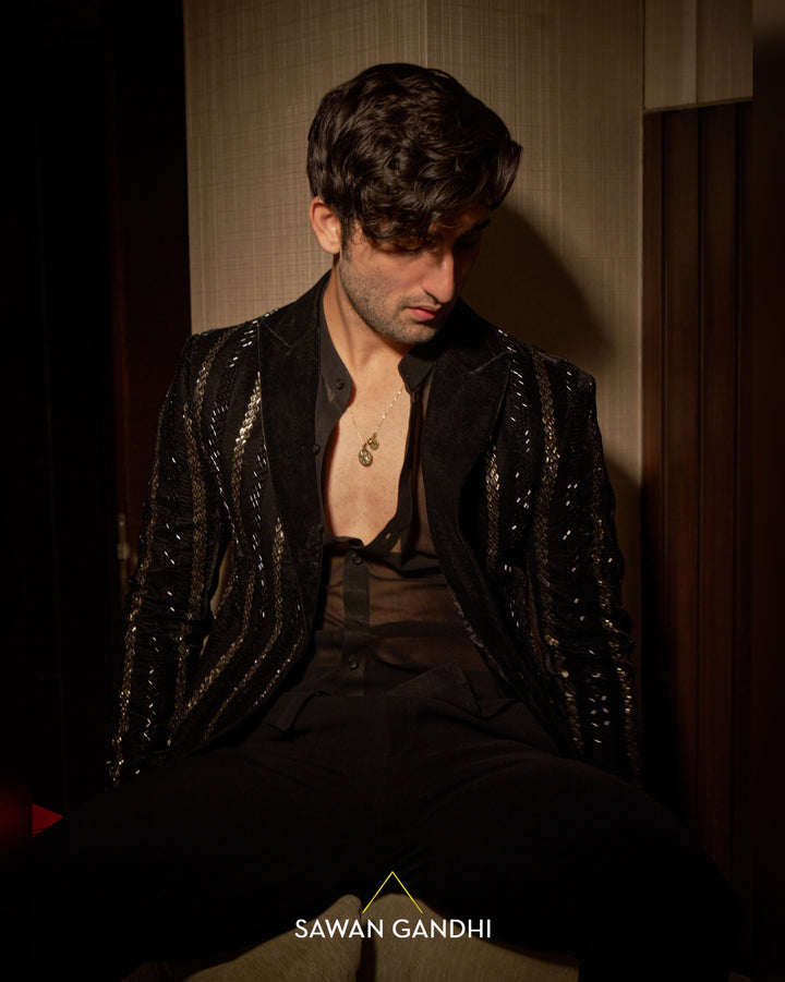 Black velvet shimmer stripe jacket