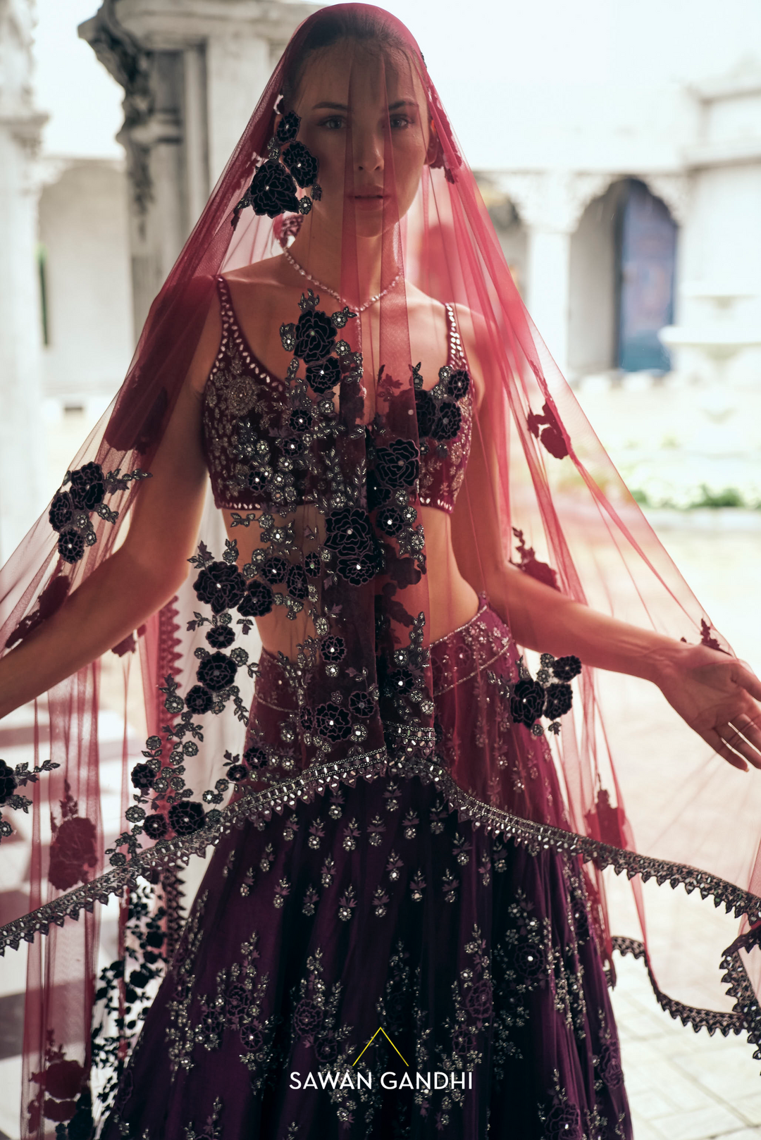 Wine net applique lehenga
