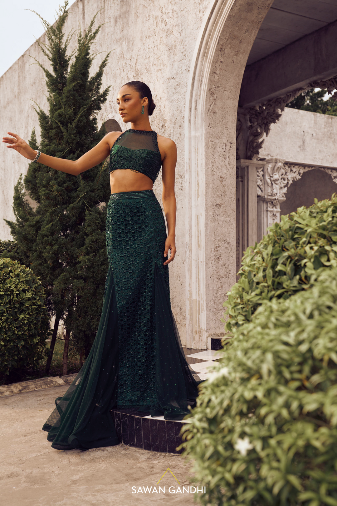 Bottle green Fishcut cutwork lehenga