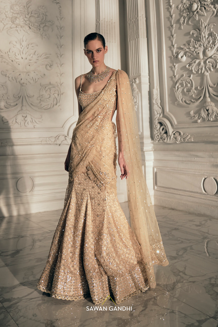 Beige Gold fishcut drape saree