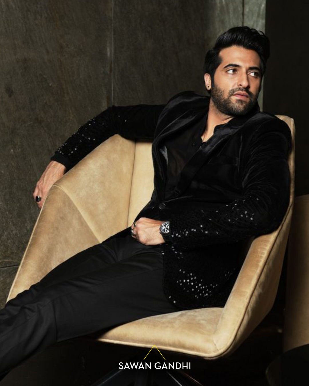 Akshay Oberoi in Noir cutdana scattered down jacket
