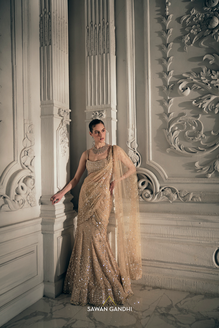 Beige Gold fishcut drape saree