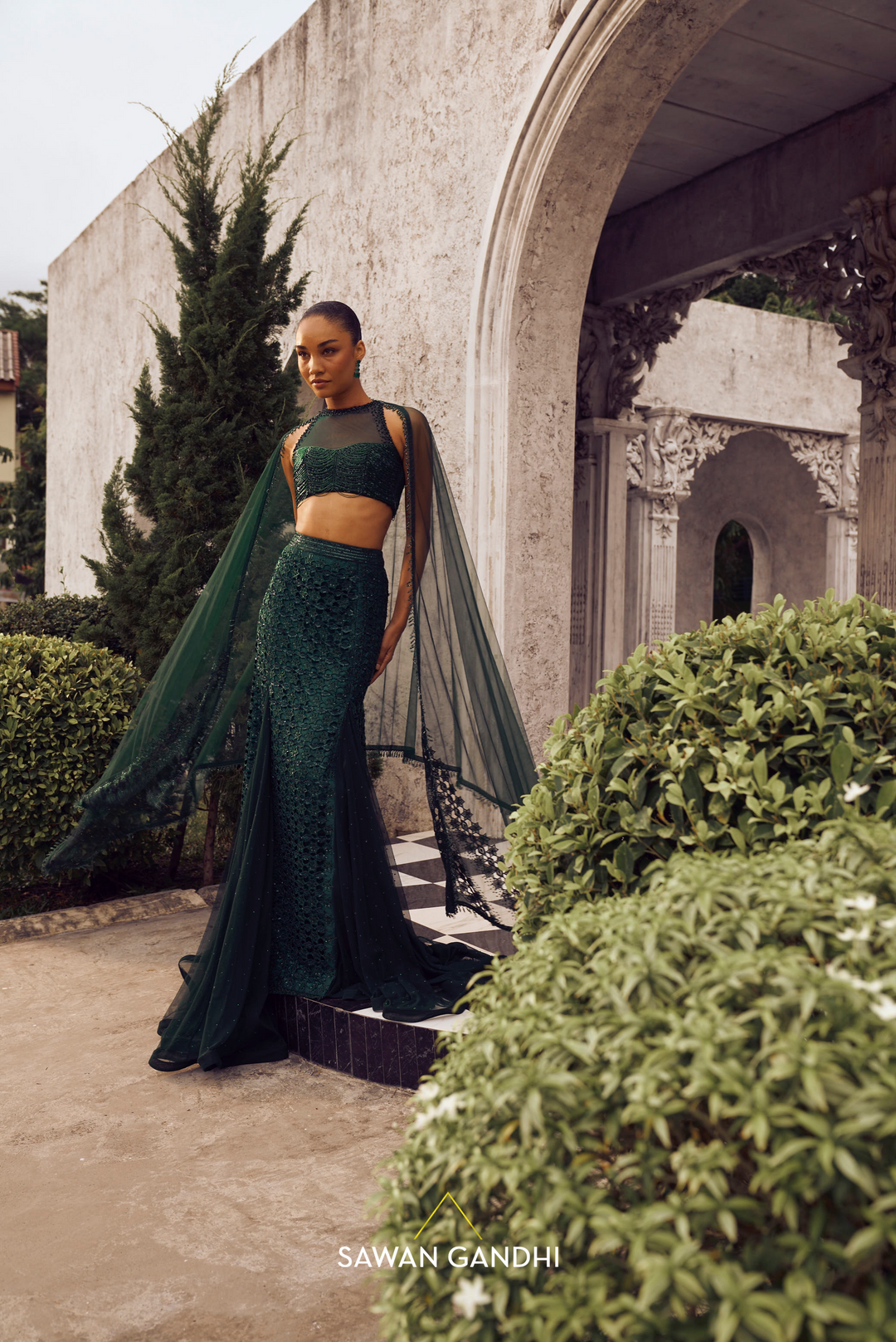 Bottle green Fishcut cutwork lehenga