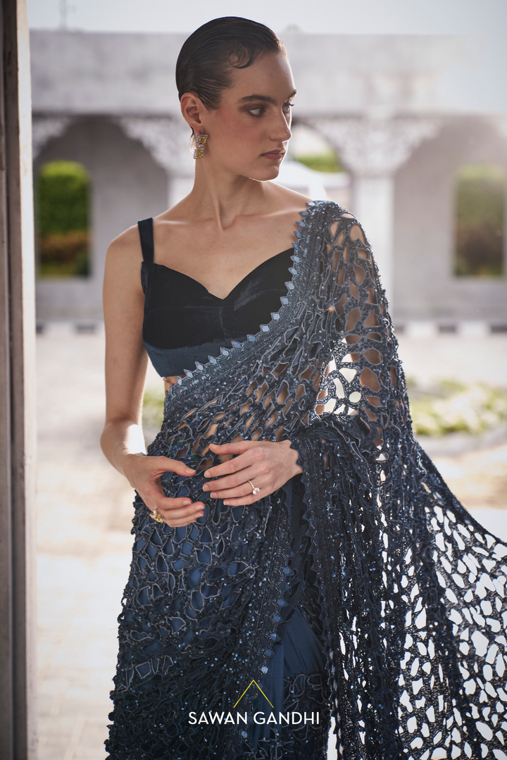 Blue ombre cutwork saree