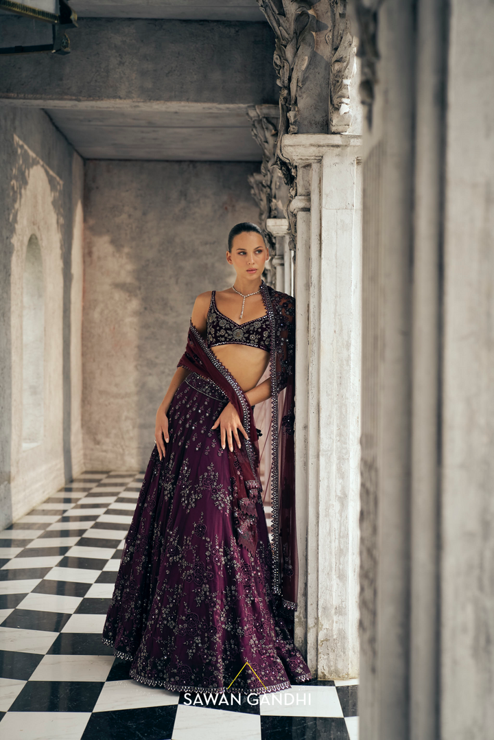 Wine net applique lehenga