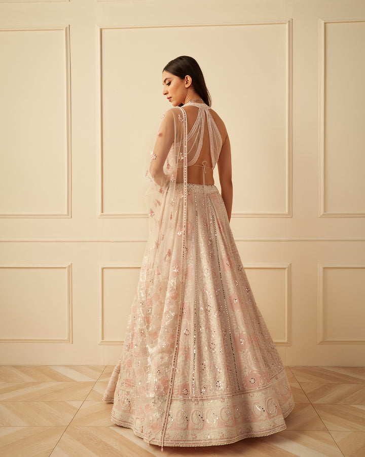 Ivory Chikankari lehgna with pink thread work