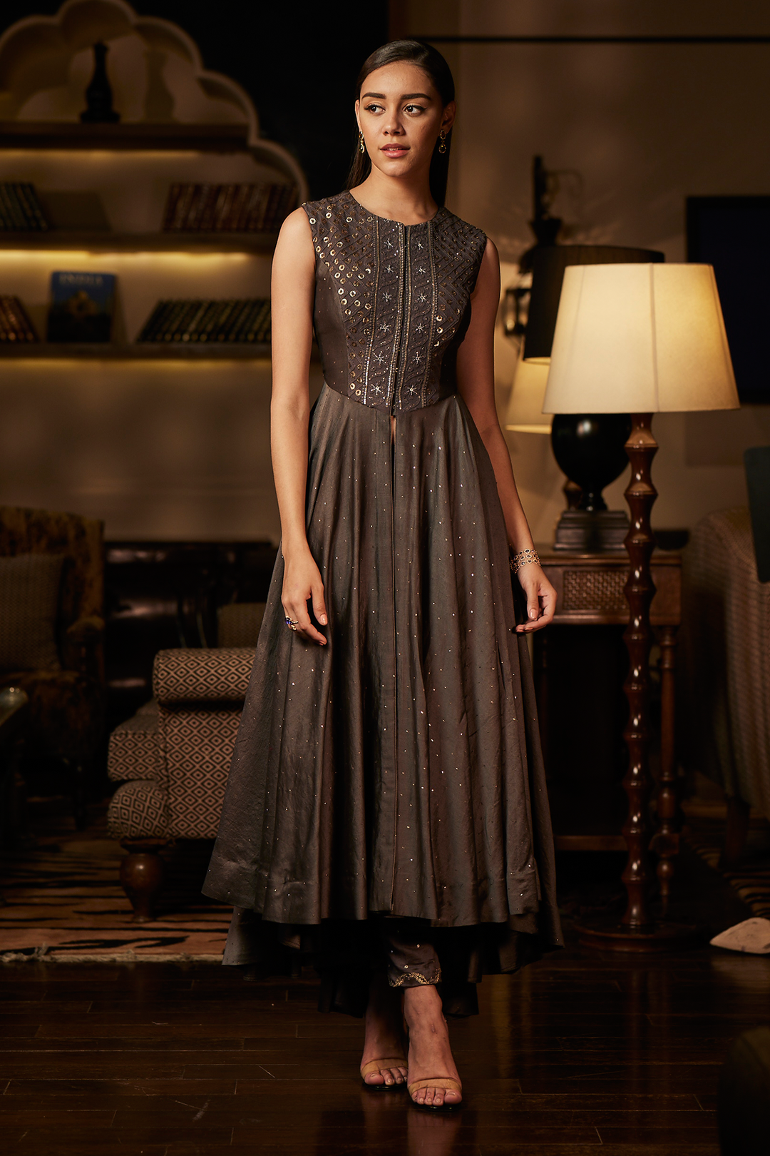 Grey Chanderi Anarkali with Front slit