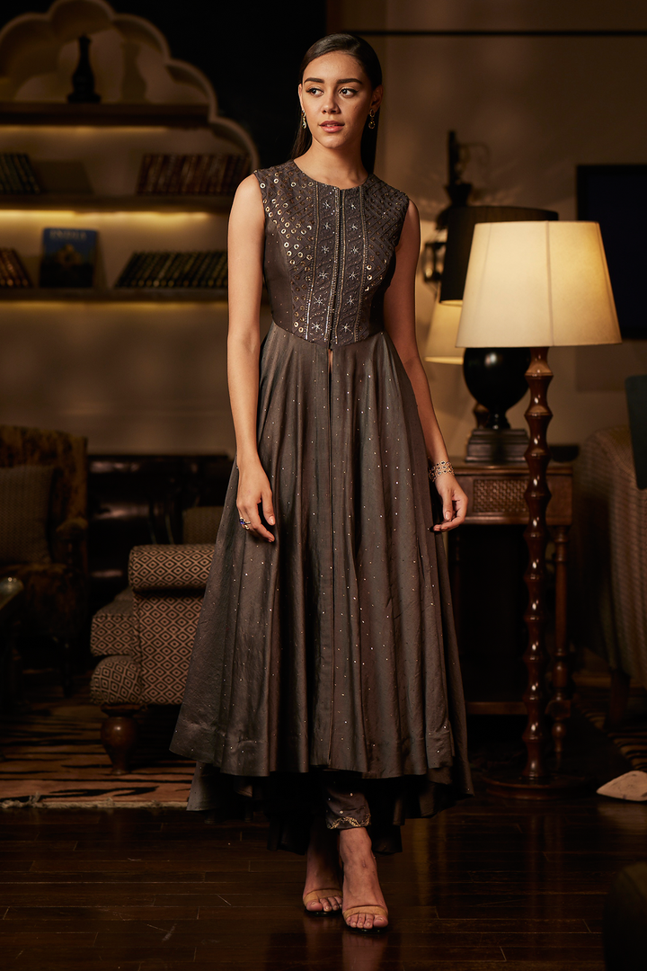 Grey Chanderi Anarkali with Front slit
