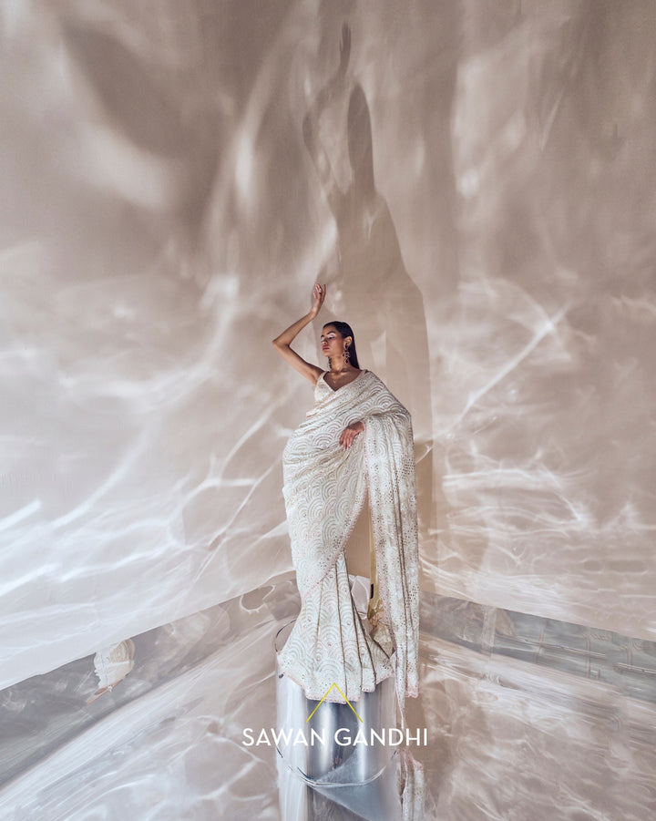 Ivory cloud patter Chikankari saree set