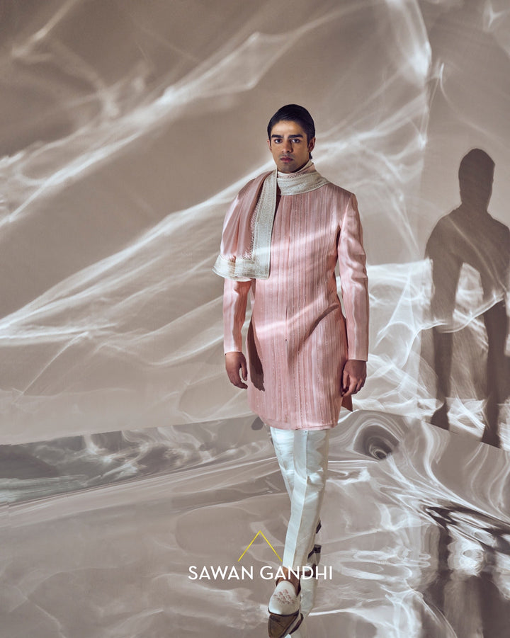 Peach cutdana and pintex sherwani
