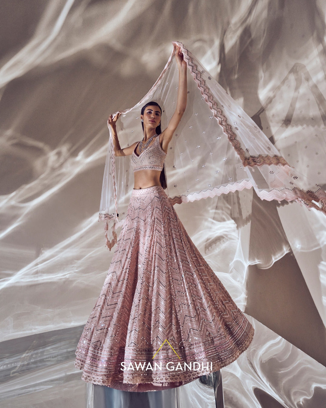 Peach mirror work lehenga set