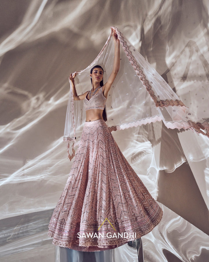 Peach mirror work lehenga set
