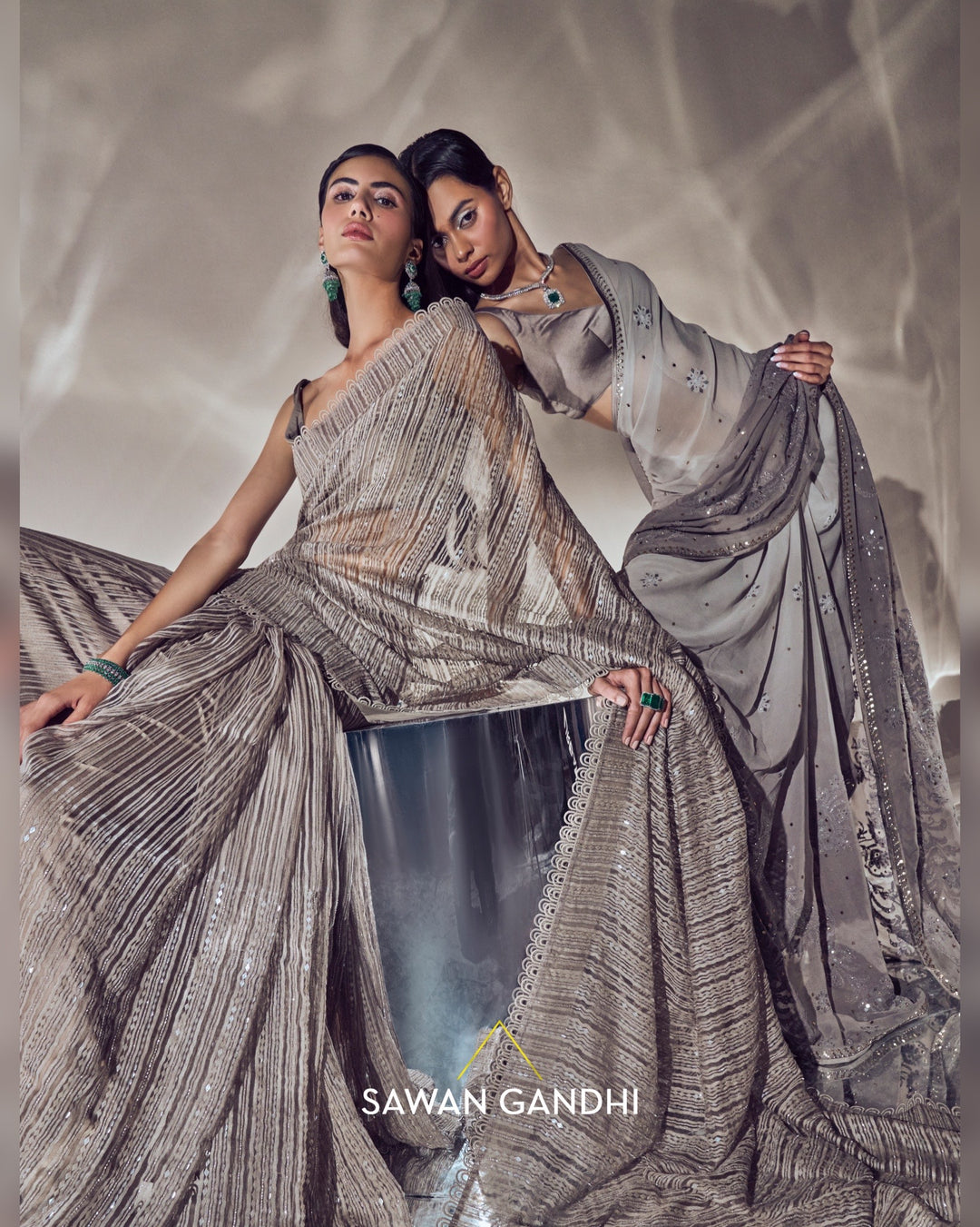 Taupe ghqicha organza saree set