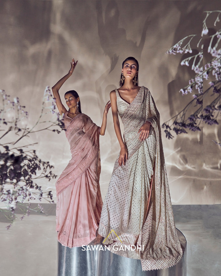 Ivory mirror and mukaish work saree set