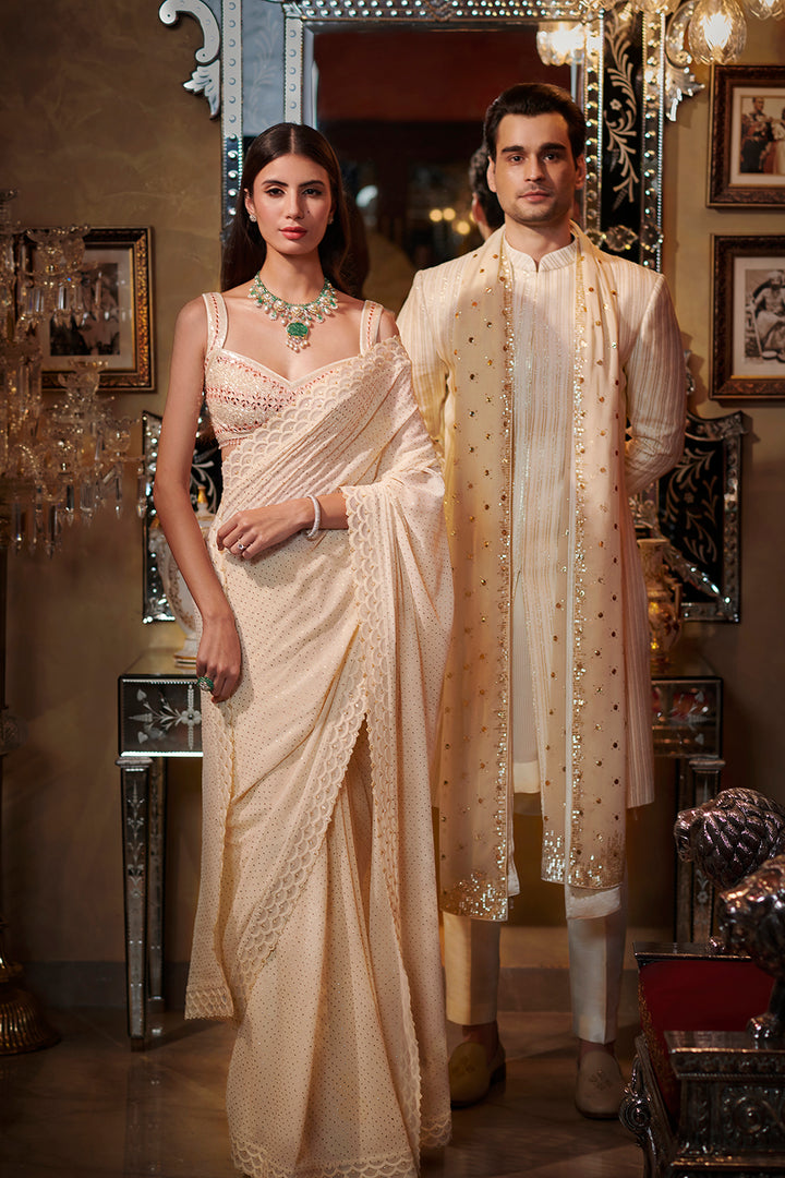 Ivory mukeish work saree