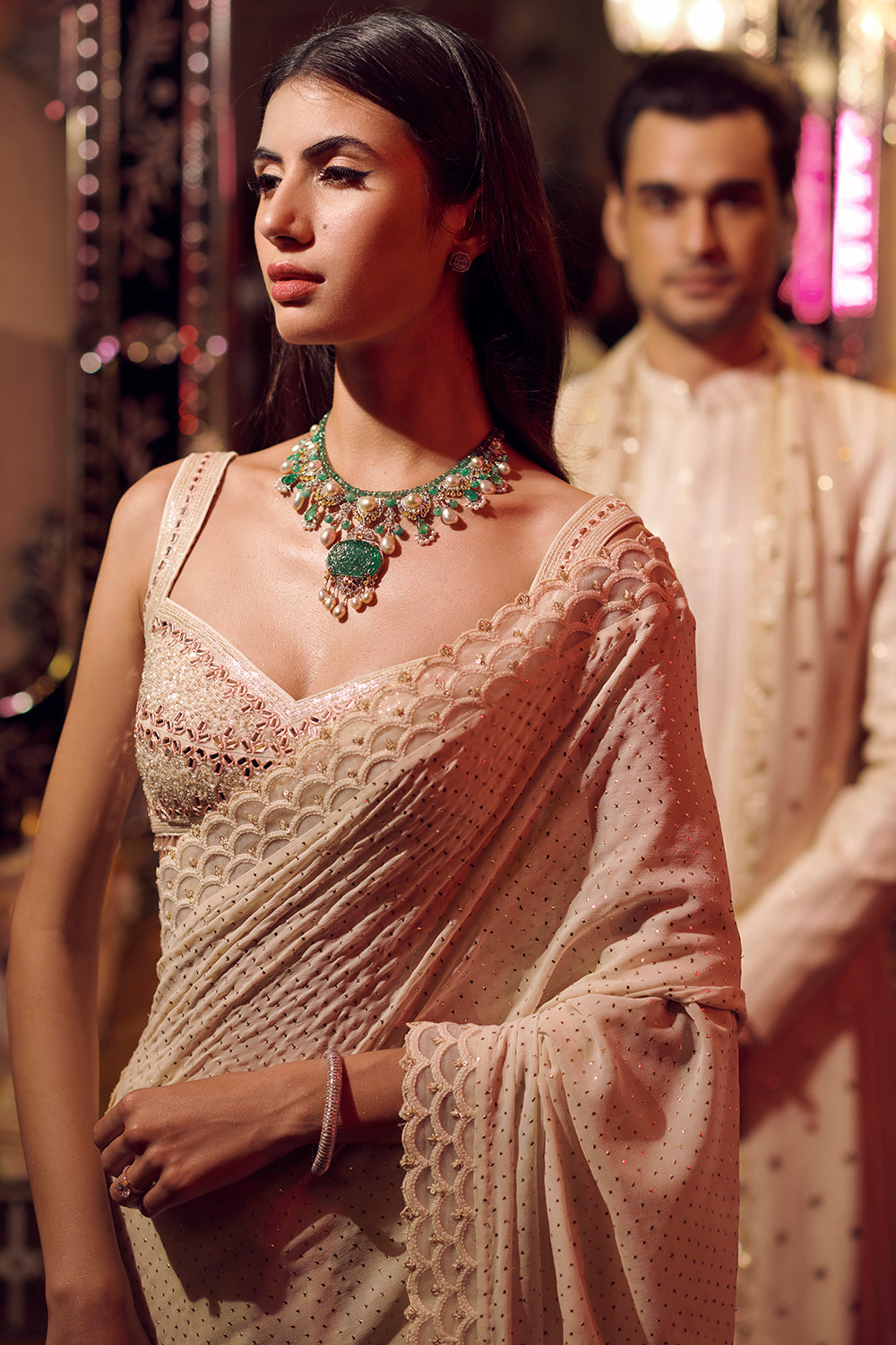 Ivory mukeish work saree