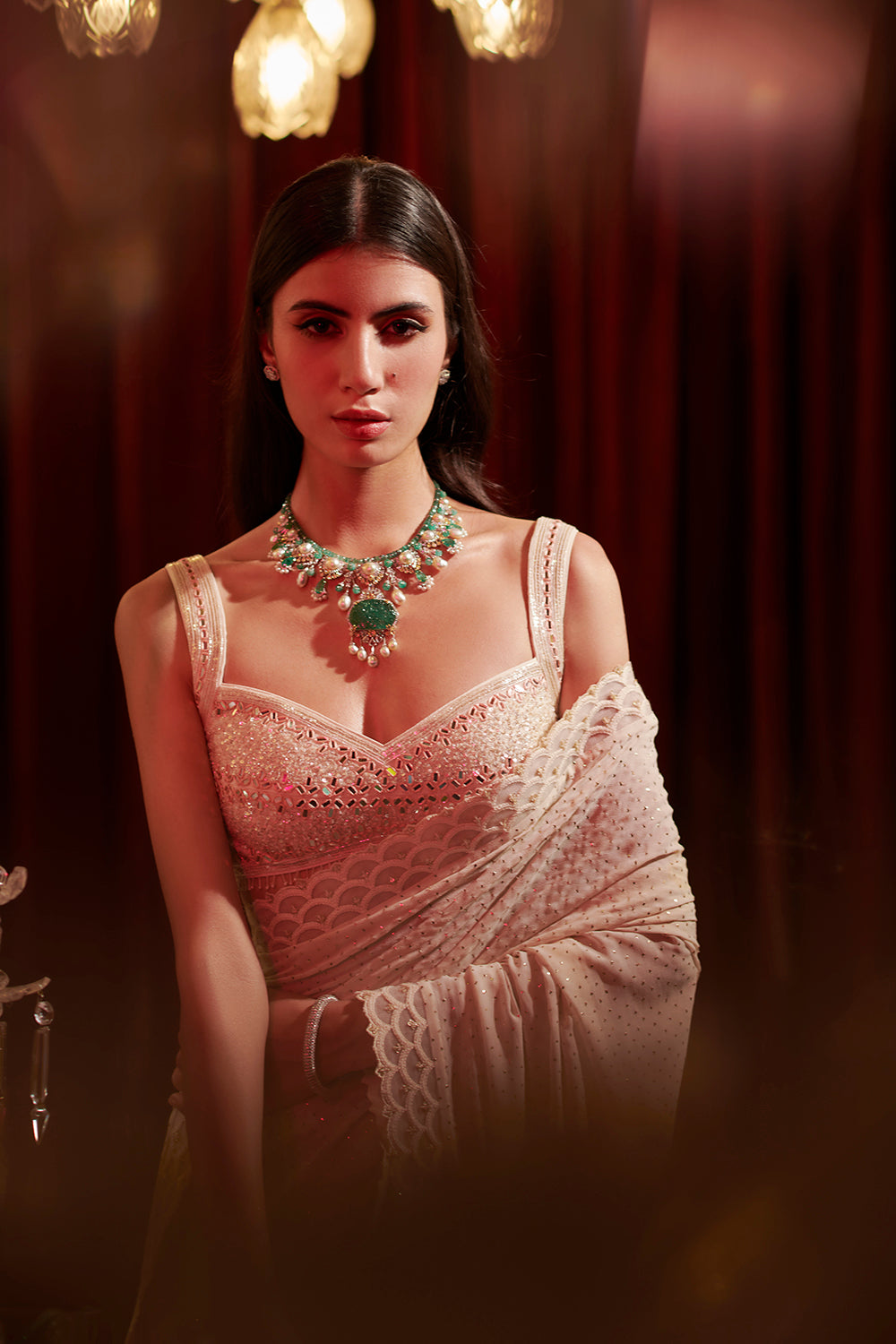 Ivory mukeish work saree