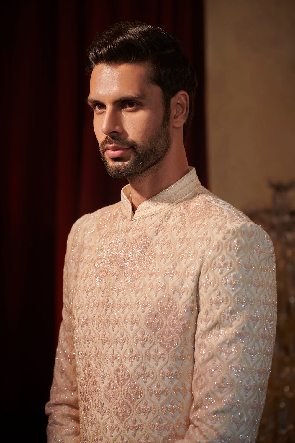 Chikankari sherwani with cutdana work