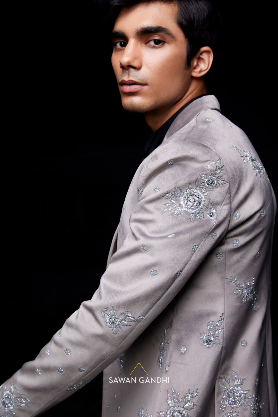 Grey jacket with cutdana floral work