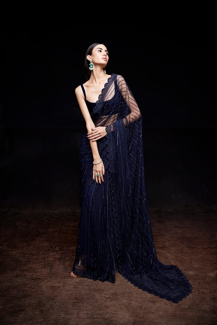 Midnight blue saree with crystal work