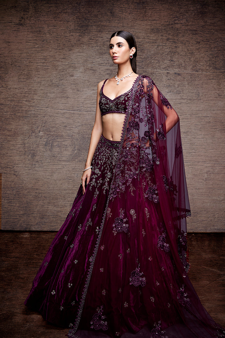 Wine cutdana work lehenga
