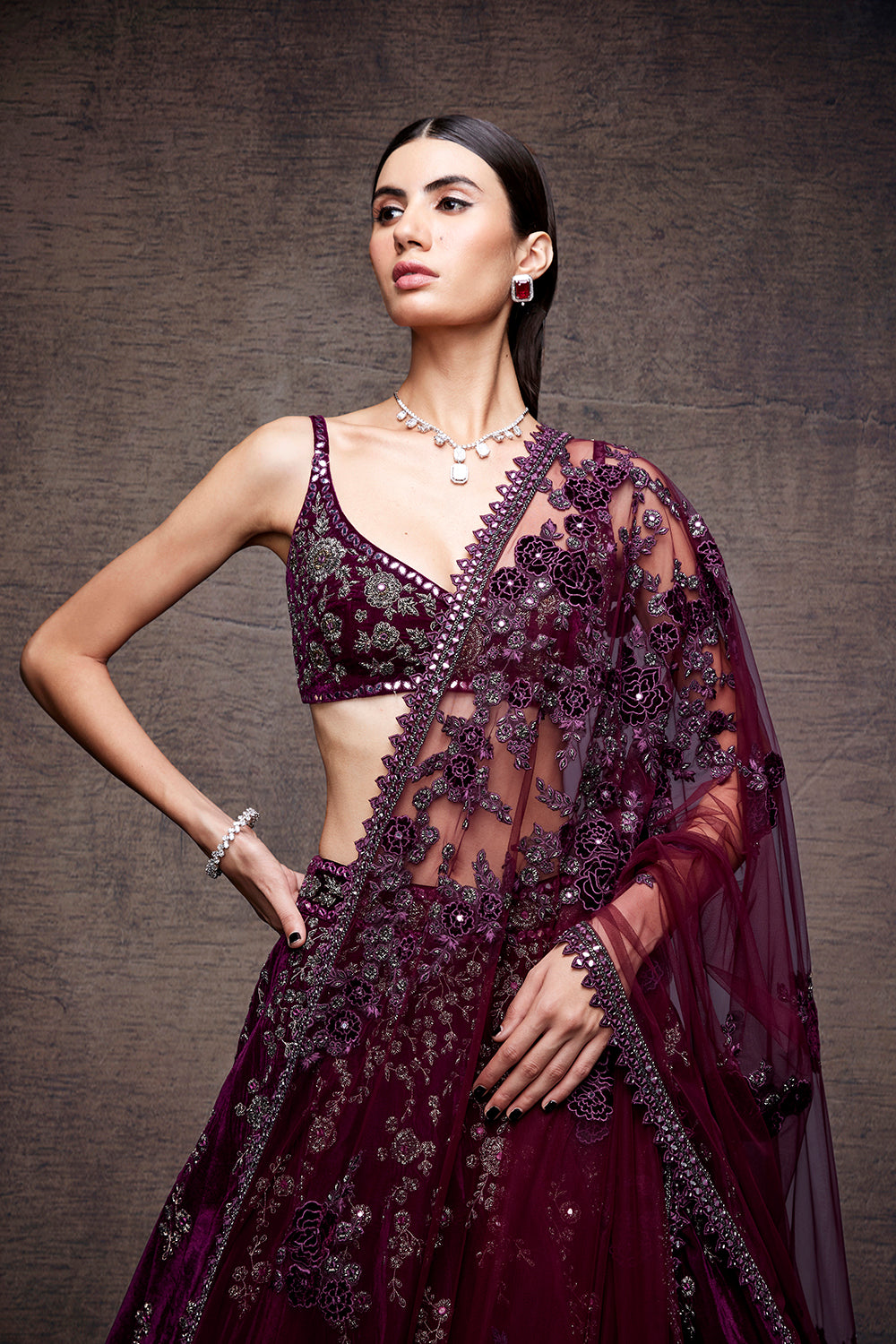 Wine cutdana work lehenga