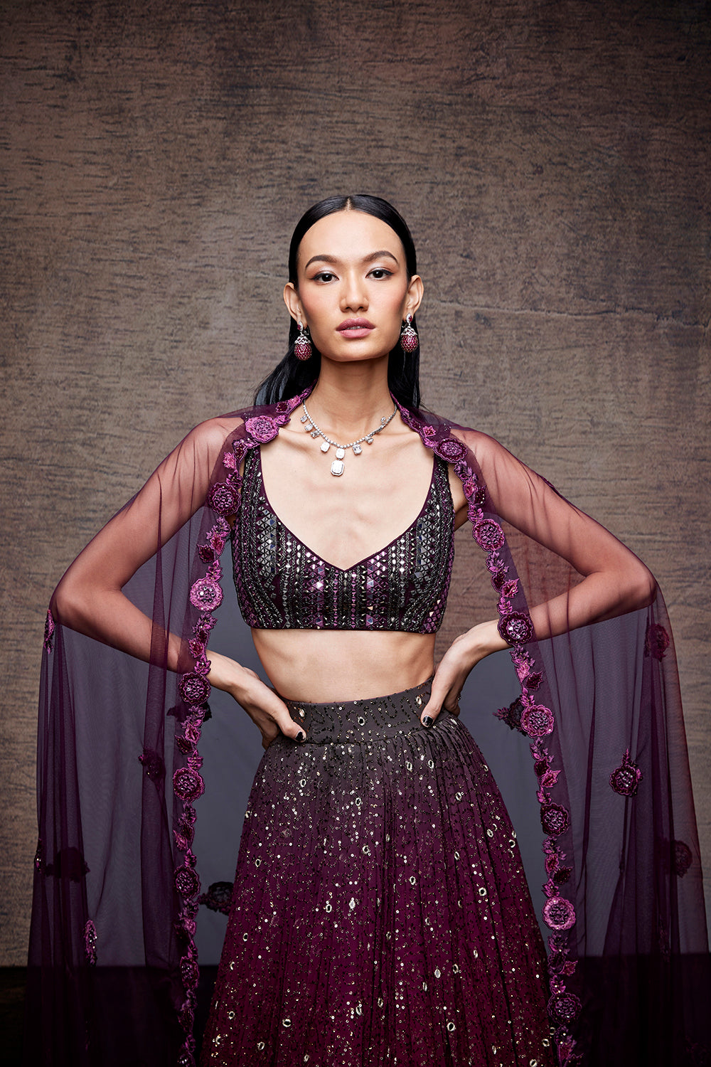 Wine grey ombre sequin lehenga