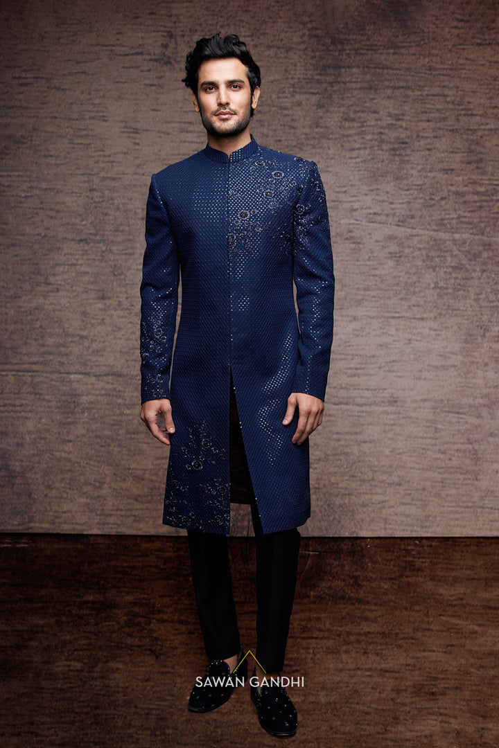 Blue sequin sherwani with cutdana detailing